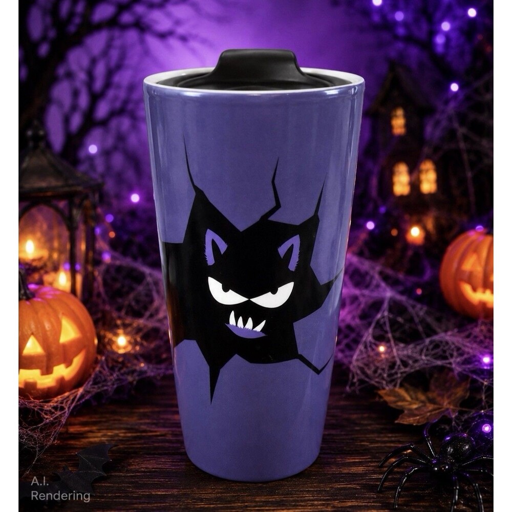 DAVIDsTEA Halloween Bat Monster Travel Mug Purple Ceramic Tumbler Cup 12 oz 2018